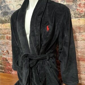 Ralph Lauren Black Plush Robe with Red Logo